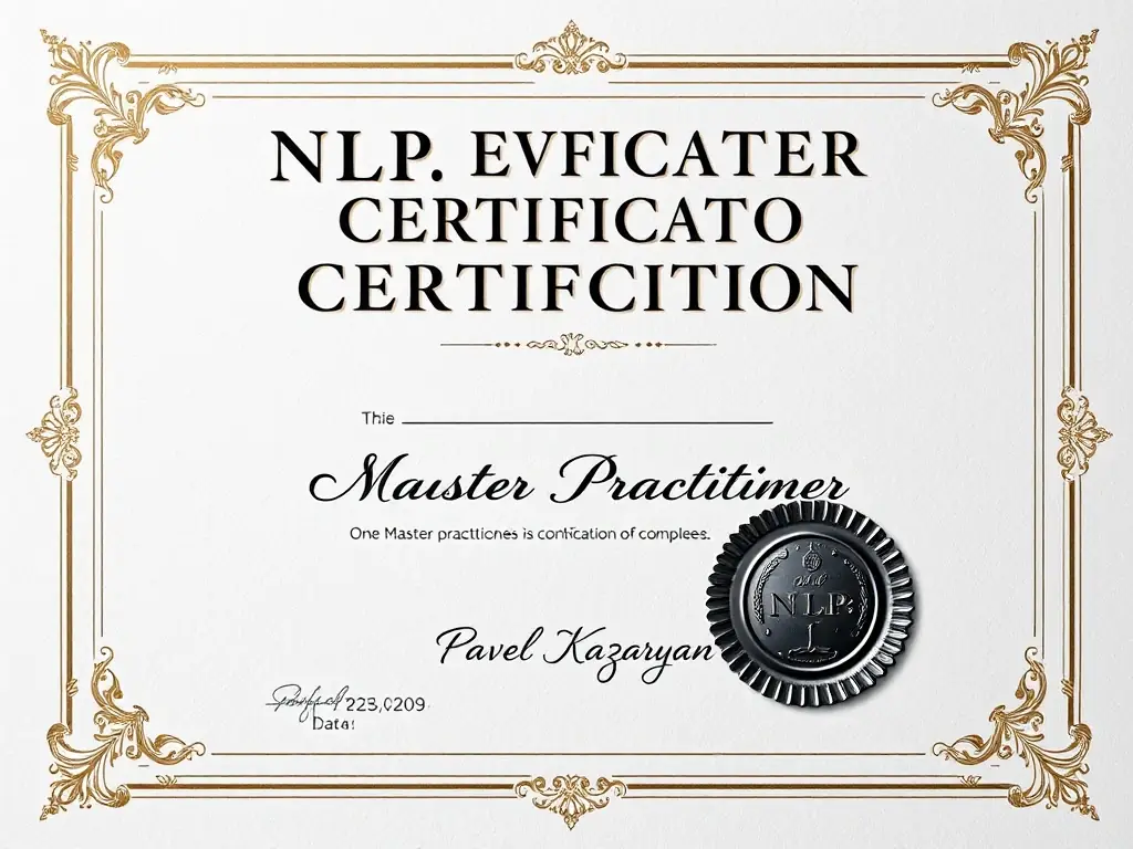 A certificate of completion of the NLP Master Practitioner course, with a silver seal and signature of Pavel Kazaryan.