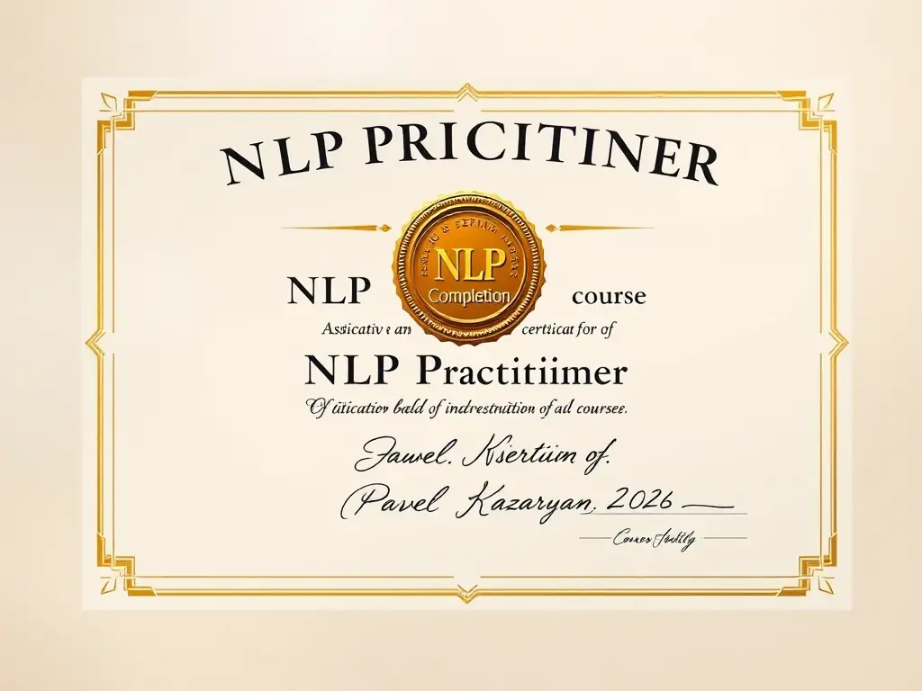 A certificate of completion of the NLP Practitioner course, with a gold seal and signature of Pavel Kazaryan.