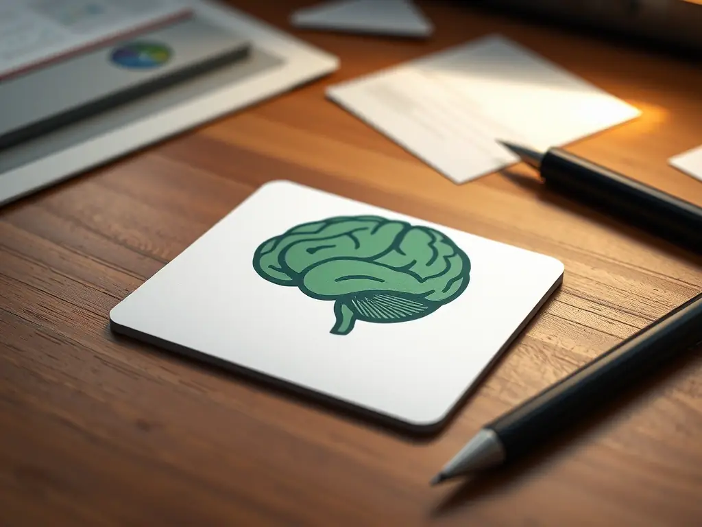 A MAC-card with a brain illustration on it, displayed on a desk with a pen and some papers.