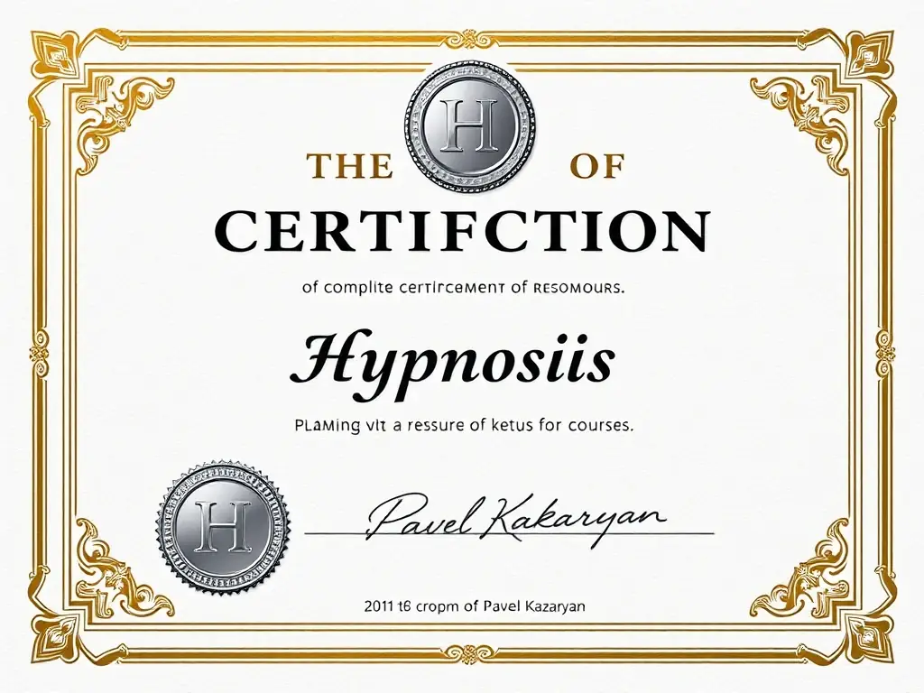 A certificate of completion of the Hypnosis course, with a platinum seal and signature of Pavel Kazaryan.