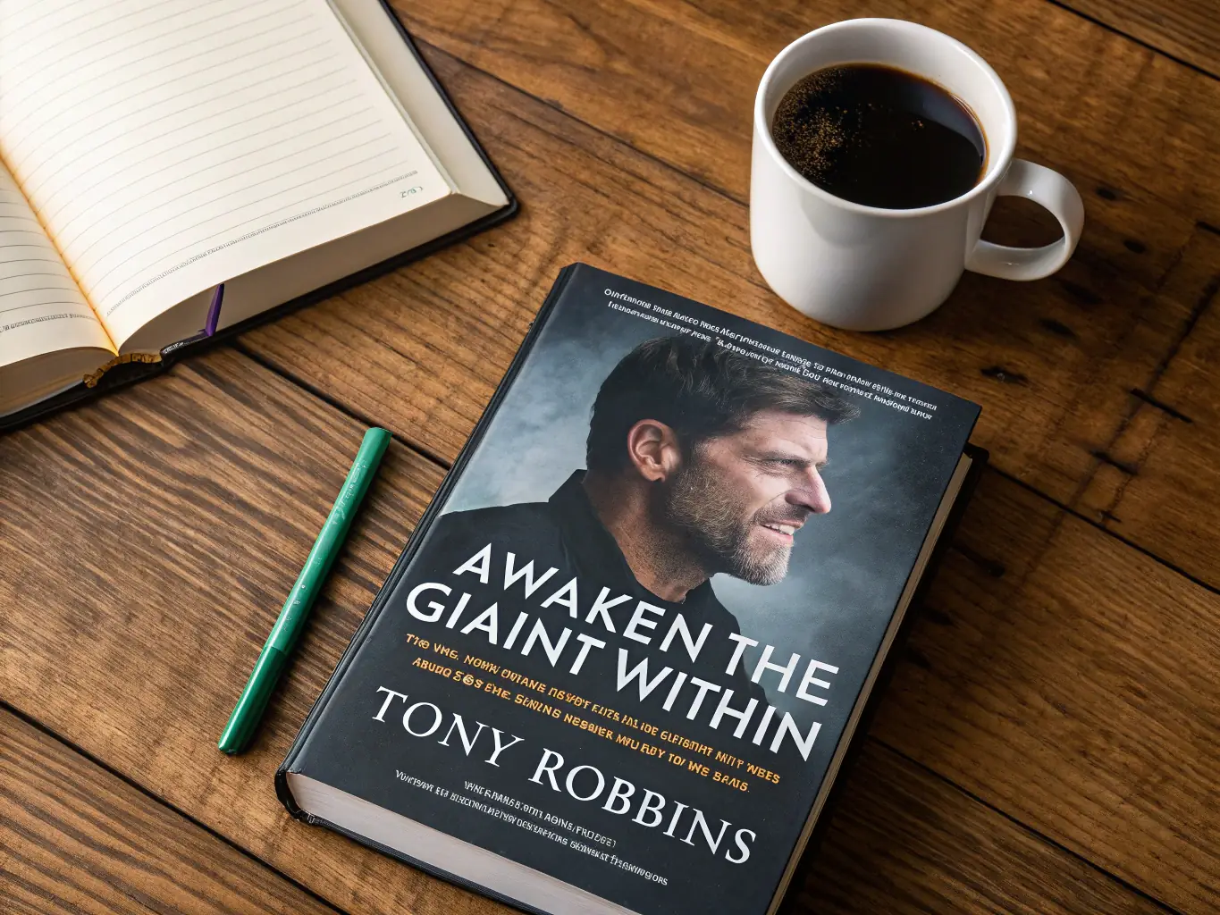 A book with a neurocoaching theme on the cover, placed on a wooden table with a cup of coffee and a notebook in the background.