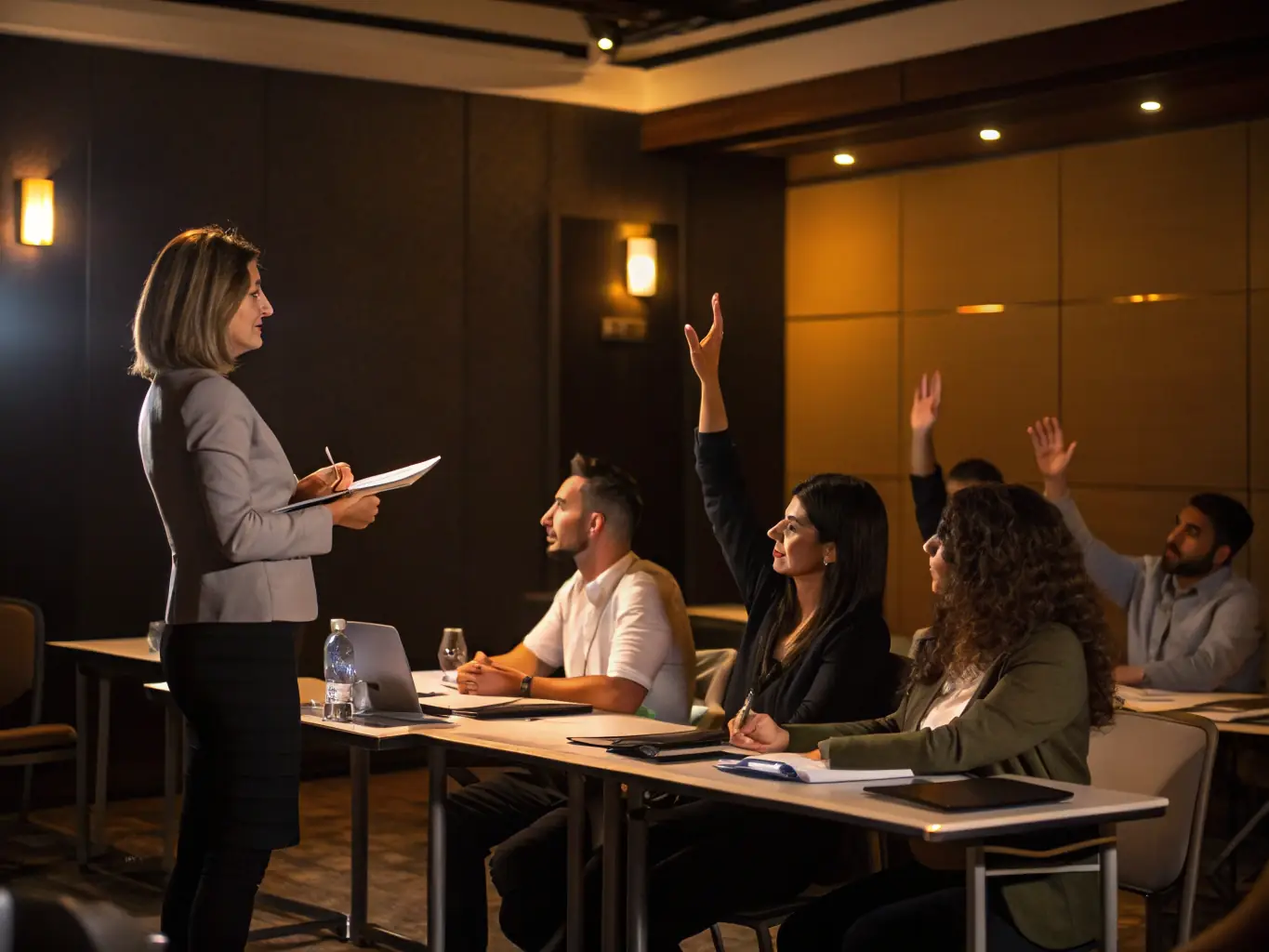 A person attending a neurocoaching training session, actively participating in a group exercise.