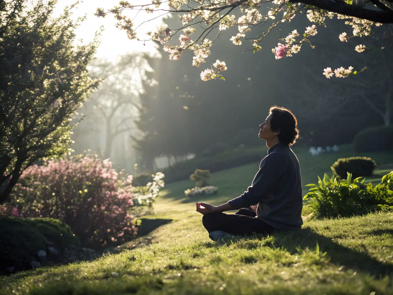 A person meditating with a serene expression, surrounded by symbols representing different NLP techniques, such as anchoring, reframing, and visualization. The background is a calming gradient of blue and purple.
