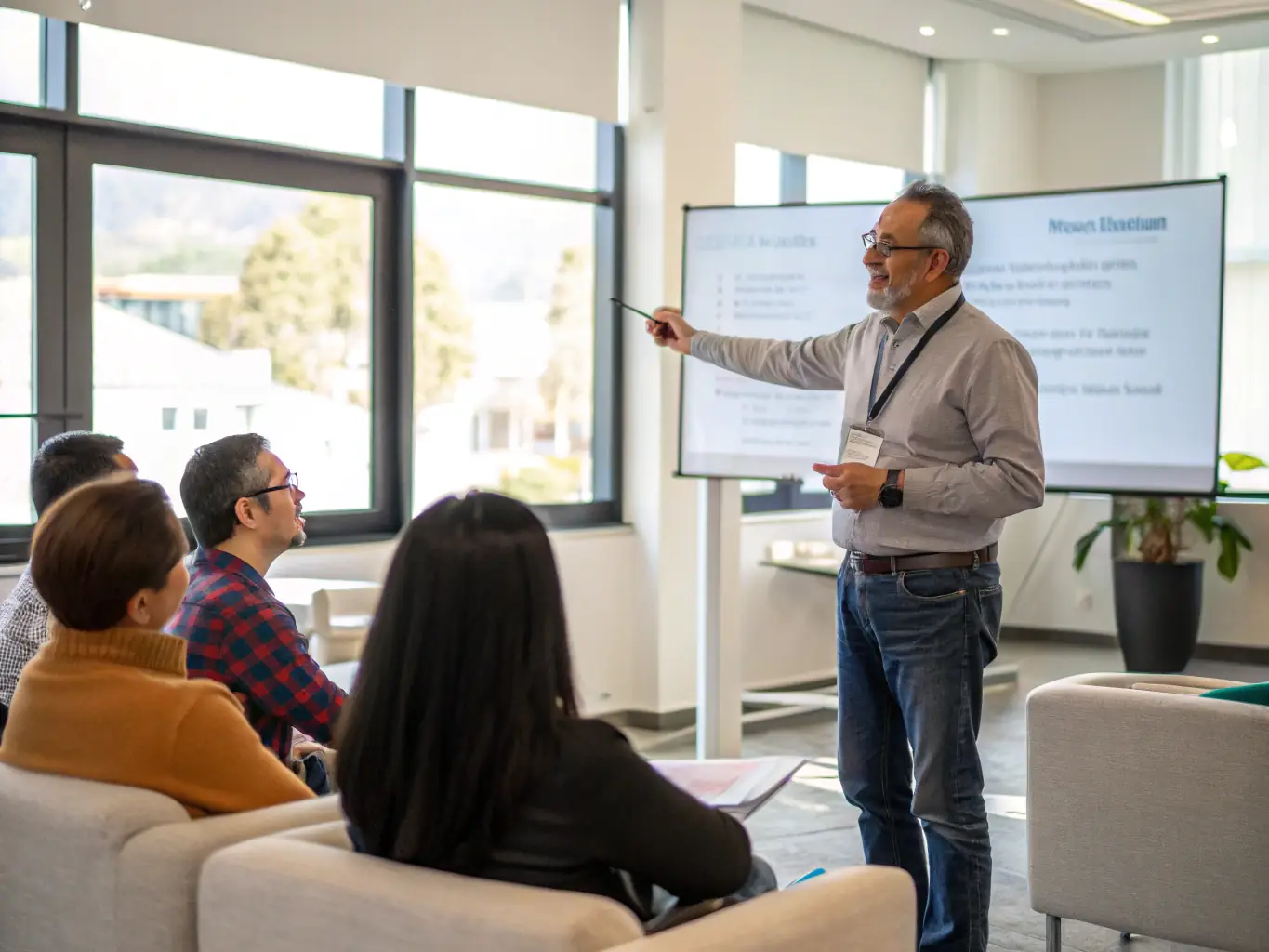 A neurocoaching expert leading a master class, demonstrating a specific technique to the participants.